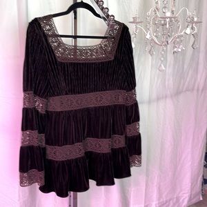 Velvet and crochet espresso baby doll blouse - elegant! Perfect for holiday!